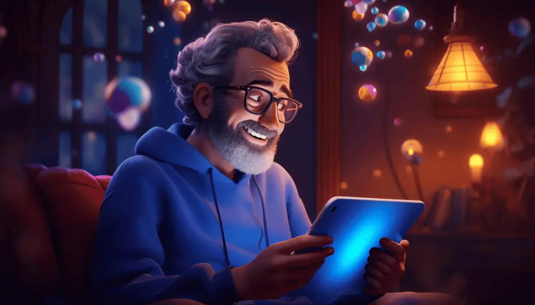 Spokojný zákazník s tabletom po prenose internetu k TES-MEDIA